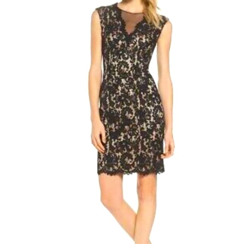 Vince Camuto Blk and Tan Lace Dress with Mesh Cutout